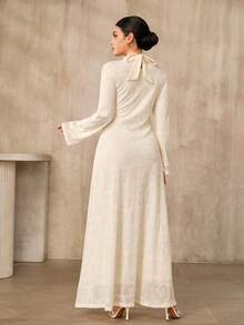 Graceveil 女士纯色立领休闲派对长裙，奢华女士长裙，带袖经典连衣裙，穆斯林婚礼宾客礼服，现代菲律宾风情活动连衣裙，女士正装，优雅经典女士连衣裙，端庄新款连衣裙设计 - 杏色 - 查看 3