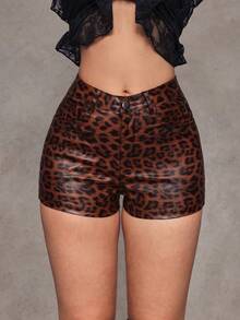 Flirla Y2K Women Comfortable Leopard Print Coated Shorts - Brown - View 3