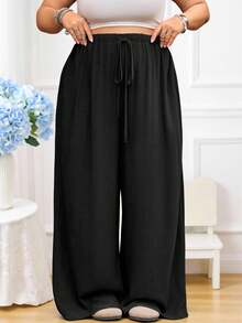 SHEIN CURVE+ Curve 尺码 US22 音乐节、海滨度假、波西米亚纯色休闲打结阔腿裤、阔腿亚麻裤、商务休闲女装 - 黑色 - 查看 8