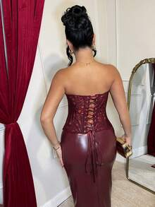 Dayanna Comas 女士性感系带胸衣塑身衣 - 酒紅色 - 查看 2