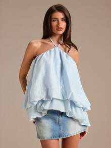 SHEIN BAE 浅蓝色纹理泡泡吊带露背上衣，优雅可爱，春夏款 - 淺藍色 - 查看 5