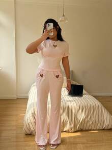 Sunnyshic American Baddie 情人节限量版心形镂空修身短袖T恤和紧身裤两件套 - 粉色 - 查看 6