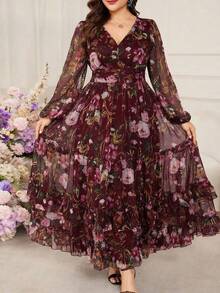 Modelyn Vestido midi elegante de talla grande para mujer con mangas farol, cintura ceñida y estampado floral - Burdeos - Ver 7