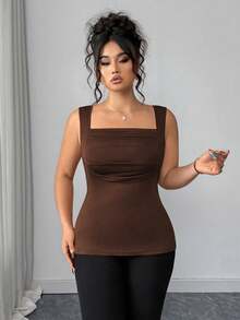 Elenzga Plus Size Summer Casual Solid Color Square Neck Knit Tank Top - Brown - View 5