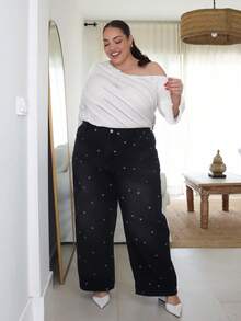 Pretty and Ole 心形印花花卉宽松直筒做旧水洗长款牛仔裤，四季皆宜 - 黑色 - 查看 4