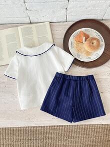 SHEIN Set de 2 piezas Ropa de niño bebé primavera/verano fresca y linda con rayas verdes, incluye camisa de manga corta con cuello y pantalones cortos verdes, adecuado para eventos elegantes, invitado de boda, paje, portador de anillos, boda, cumpleaños, bautizo y baby shower - Azul - Ver 2