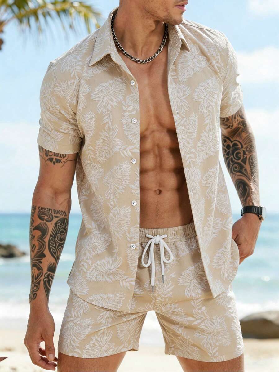 VENTUSAIL Men's 2 Pieces Set Beige,Summer,Boho,Vacation,Holiday Tropical Leaf Pattern Short Sleeve Button Down Shirt & Shorts,Casual Beach Resort Wear Outfit - Khaki - View 1