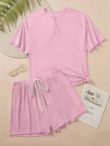INAWLY Set Kaos Lengan Pendek dan Celana Pendek Wanita Ukuran Besar Warna Polos Sederhana untuk Sehari-hari - Baby Pink - View 5