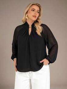 Auralis Plus Size Women Elegant Solid Color Blouse For Commuting Summer Outfit For Women  Black - Black - View 4