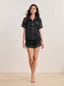 Lapel Collar Contrast Binding Satin Blouse & Shorts PJ Set / Pajama Set - Black - View 3