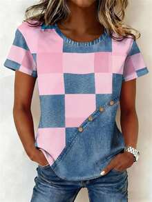 EMERY ROSE Camiseta casual de manga corta con cuello redondo acanalado y estampado de patchwork, talla grande, para primavera y verano - Multicolor - Ver 1