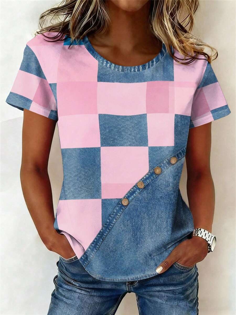 EMERY ROSE Camiseta casual de manga corta con cuello redondo acanalado y estampado de patchwork, talla grande, para primavera y verano - Multicolor - Ver 1