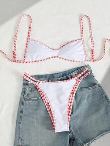 Swim Mod 春夏新款欧美甜美花卉拼接格纹流苏双面两件式泳衣套装，系带挂脖比基尼上衣和高腰泳裤，白色背景碎花图案，性感比基尼泳装，适合海滩、度假、生日派对等场合 - 彩色 - 查看 5