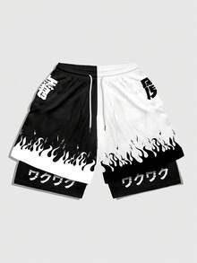 ROMWE MEN Anime Men's Japanese Print Drawstring Shorts - Multicolor - View 5