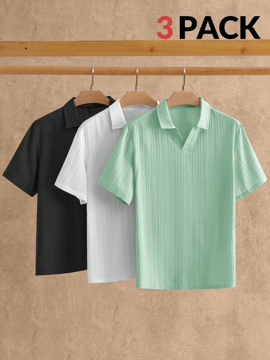 HIMLAND 3件套男士多色纯色梭织面料Polo衫，短袖常规款休闲基础上衣 - 彩色 - 查看 1