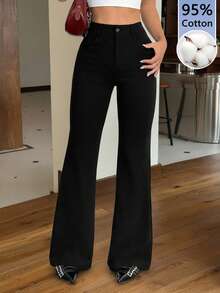 SHEIN EZwear 女士95%纯棉黑色前扣休闲修身喇叭裤 - 四季皆宜，适合春夏工作、通勤、正式场合、约会、晚间活动、鸡尾酒会和下午茶等场合。 - 黑色 - 查看 5