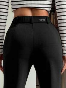 SHEIN EZwear 女士95%纯棉黑色前扣休闲修身喇叭裤 - 四季皆宜，适合春夏工作、通勤、正式场合、约会、晚间活动、鸡尾酒会和下午茶等场合。 - 黑色 - 查看 4