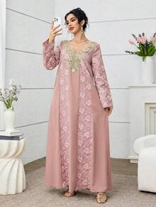 Al Najma 女士提花拼接优雅奢华阿拉伯传统长裙，2026新款穆斯林婚礼宾客礼服，最新款女士长袍，阿拉伯风格女士礼服，正式场合女士礼服，端庄优雅 - 粉色 - 查看 5