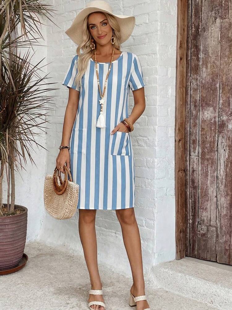 EMERY ROSE Women's Striped Round Neck Short Sleeve Casual Mini Dress With Pockets - Blue and White - View 4