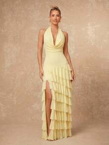 Lumalex 女士纯色深V领系带露背开衩优雅腰身连衣裙，适合派对穿着 - 淡黃色 - 查看 4