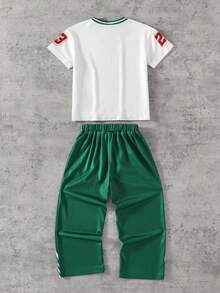 2pcs Boys Baseball Clothes Set,Minimalist Printed Short Sleeve V-Neck T-Shirt & Wide Leg Pants,Back-To-School Summer Career Day Outfits For Sports - Dark Green - View 2