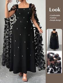 SHEIN CURVE+ Vestido Elegante com Contas 3D em Tela Plus Size - Preto - Visão 1