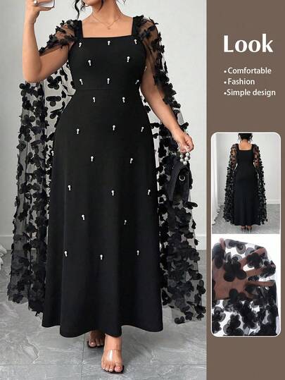 SHEIN CURVE+ Vestido elegante de talla grande con malla 3D y cuentas