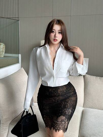 Vibekara Plus Size Spring/Autumn New Arrival Minimalist High-End White Lace Patchwork Long Sleeve Loose Blouse For Women