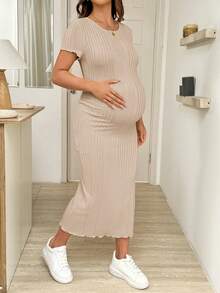 SHEIN Maternity Solid Color Minimalist Daily Wear Round Neck Short Sleeve Dress - Apricot - View 4