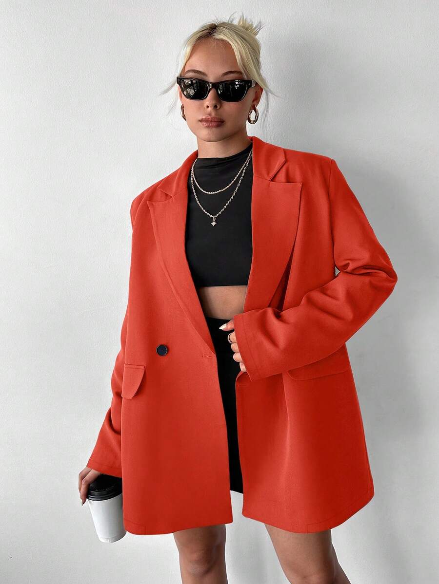 Ritzy Row Women's Casual Oversized Padded Shoulder Mid-Length Double-Breasted Blazer - Orange - View 1