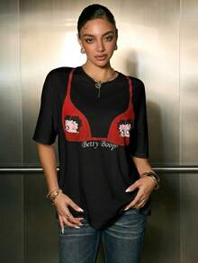 Betty Boop x SHEIN Women's Bikini Print Round Neck Short Sleeve Casual T-Shirt - Black - View 4