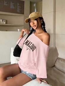 Jouncy 女士字母印花露肩休闲百搭日常穿搭T恤 - 粉色 - 查看 3