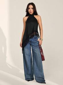 SHEIN PETITE Top halter con escote trasero, bajo asimétrico y parches de encaje, sexy para el verano - Negro - Ver 7