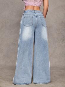 Jeanoix Women's Button Front Pocket Frayed Hem Loose Casual Jeans - Light Wash - View 2