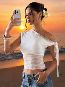 Bluhae Áo thun ren xuyên thấu gợi cảm dành cho nữ, kiểu buộc dây, thích hợp cho mùa xuân/hè. - trắng - Xem 6