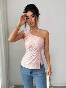 Elenzga Blusa de mujer de tela texturizada con bajo asimétrico, elegante y romántica para uso casual, de oficina, citas, fiestas y cenas, primavera/verano - Rosa - Ver 5