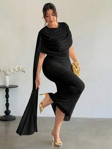 Firerie Gaun Malam Formal Hitam Elegan Ukuran Plus untuk Wanita, Gaun Chiffon Leher Berkerut Musim Gugur, Pakaian Nyaman untuk Perjalanan Kantor & Liburan - Hitam - View 8