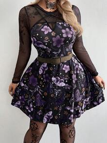 SHEIN CURVE+ 大码女装新款圆领复古休闲学院风暗黑朋克风印花拼接网纱星形缎带装饰A字长袖连衣裙，适合日常穿着、办公室、感恩节、新年派对、节日、生日派对、音乐节、情人节、春夏等场合。 - 紫色 - 查看 4