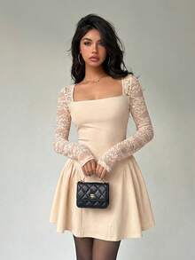 Aloruh Women's Square Neck Lace Patchwork Waist Ruched Flared Mini Dress - Apricot - View 8