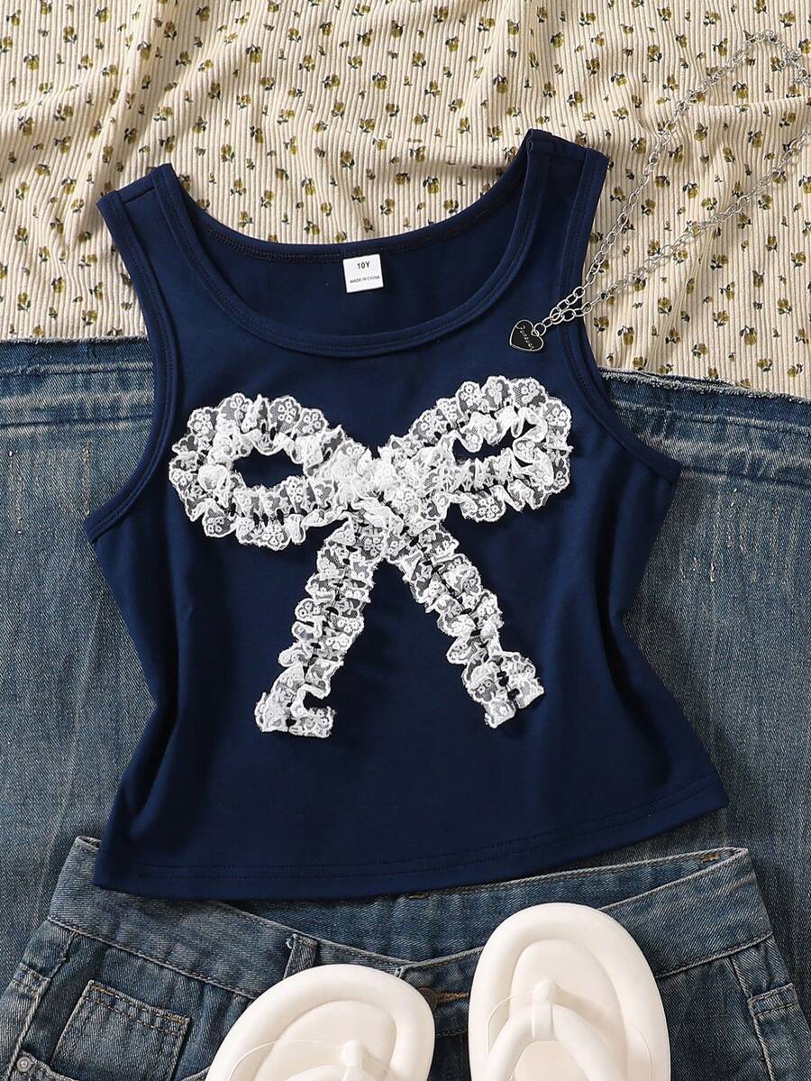 SHEIN 少女甜美可爱3D蕾丝荷叶边蝴蝶结装饰方领吊带背心,适合日常、休闲、度假、朋友聚会、春夏穿着 - 藏蓝色 - 查看 1