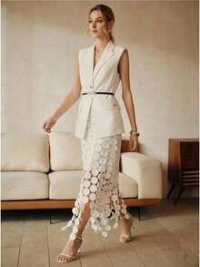 Anewsta Urban Retro Style Sleeveless Lapel Metal Button Decor Vest, White Women's Suit Jacket With Belt White Suits For Woman - White - View 3