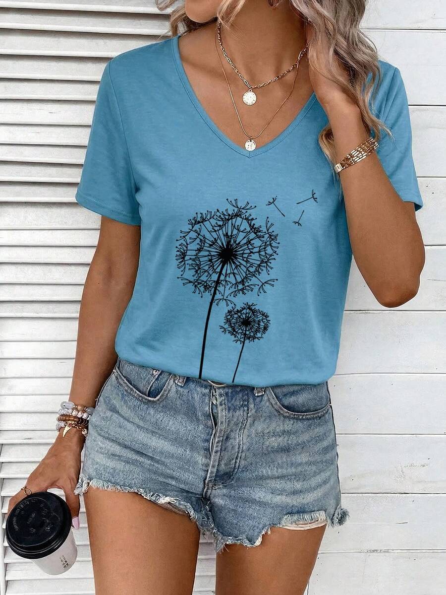 EMERY ROSE Casual Dandelion Print Plus Size V-Neck T-Shirt, Suitable For Summer - Dusty Blue - View 1