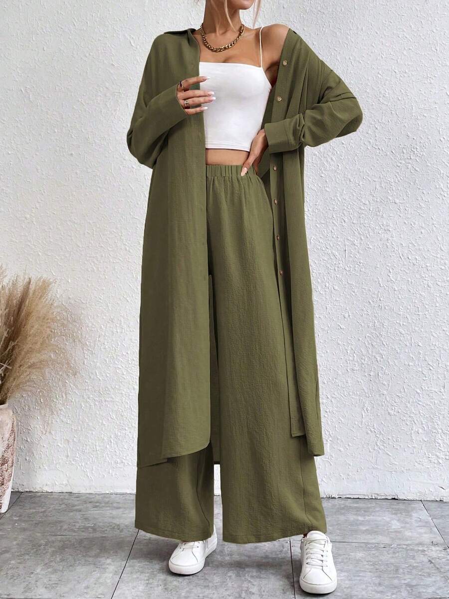 SHEIN LUNE Women's Solid Color Long Sleeve Single-Breasted Long Shirt And Pants Casual 2 Pieces Set - Army Green - View 1