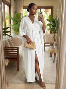 SHEIN CURVE+ Đầm size lớn màu trơn cổ V sâu xẻ đùi, đầm đi du lịch, lễ tốt nghiệp, phong cách thường ngày mùa xuân - trắng - Xem 3