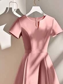 Franclia Women Elegant Commuter Solid Color Notched Neck Short Sleeve Midi Dress Softpink Qipao - Pink - View 3