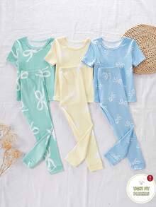 Genkimix Kids 6件套女童短袖修身睡衣套装，饰有蝴蝶结和爱心图案，弹性面料，可机洗，穿着舒适，3套单独出售。 - 彩色 - 查看 8