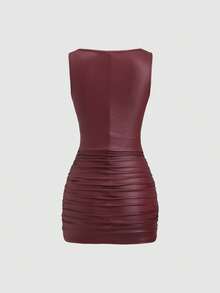 SHEIN PETITE Đầm ngắn ôm sát không tay, màu trơn, trang trí kim loại, xếp ly, dành cho nữ. - Màu Đỏ Sâu - Xem 2