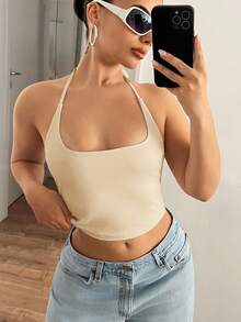 SHEIN ICON Blus Kasual Wanita Warna Polos dengan Tali Pinggang, Atasan Musim Panas - Aprikot - View 3