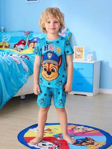 SHEIN | PAW Patrol Bộ đồ ngủ mùa hè tay ngắn cổ tròn in hình hoạt hình dễ thương, kiểu dáng thường ngày, dành cho bé trai. - Màu xanh Cadet - Xem 6