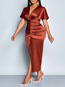 SOLERSUN Đầm dự tiệc thanh lịch dành cho phụ nữ cỡ lớn, cổ chữ V, xếp ly, ôm sát, xẻ tà cao. - màu nâu - Xem 8